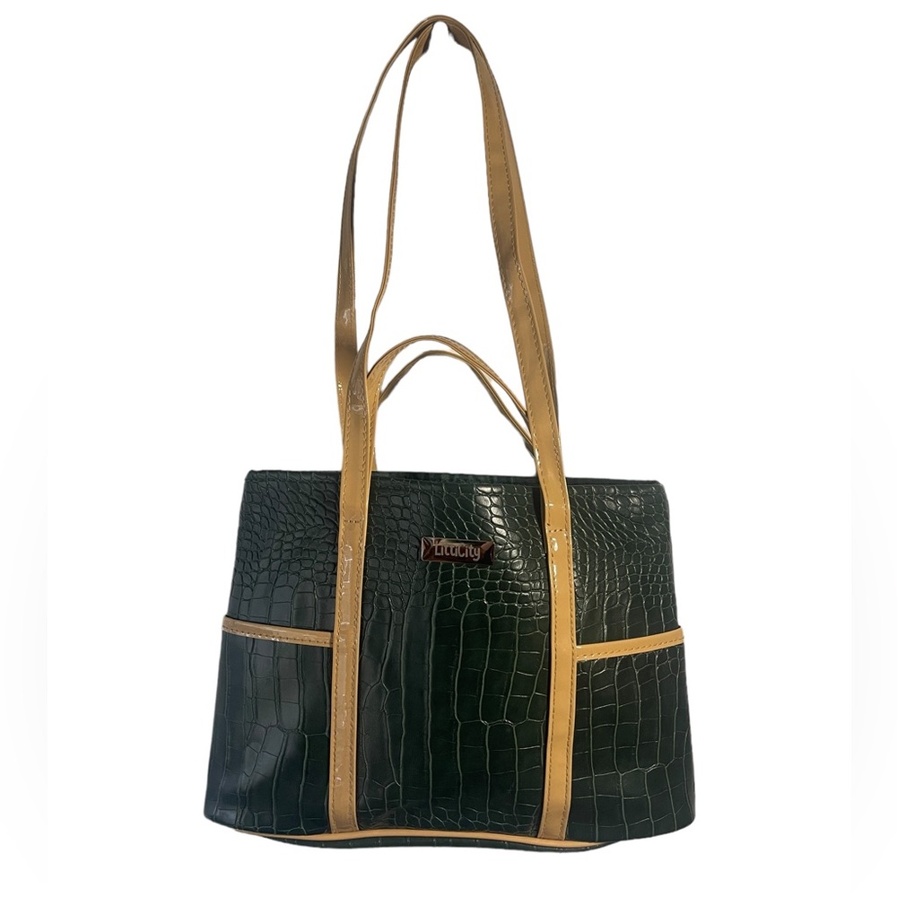 LittiCity Green & Tan Faux Leather/Croc Embossed Hand Bag/Shoulder Bag